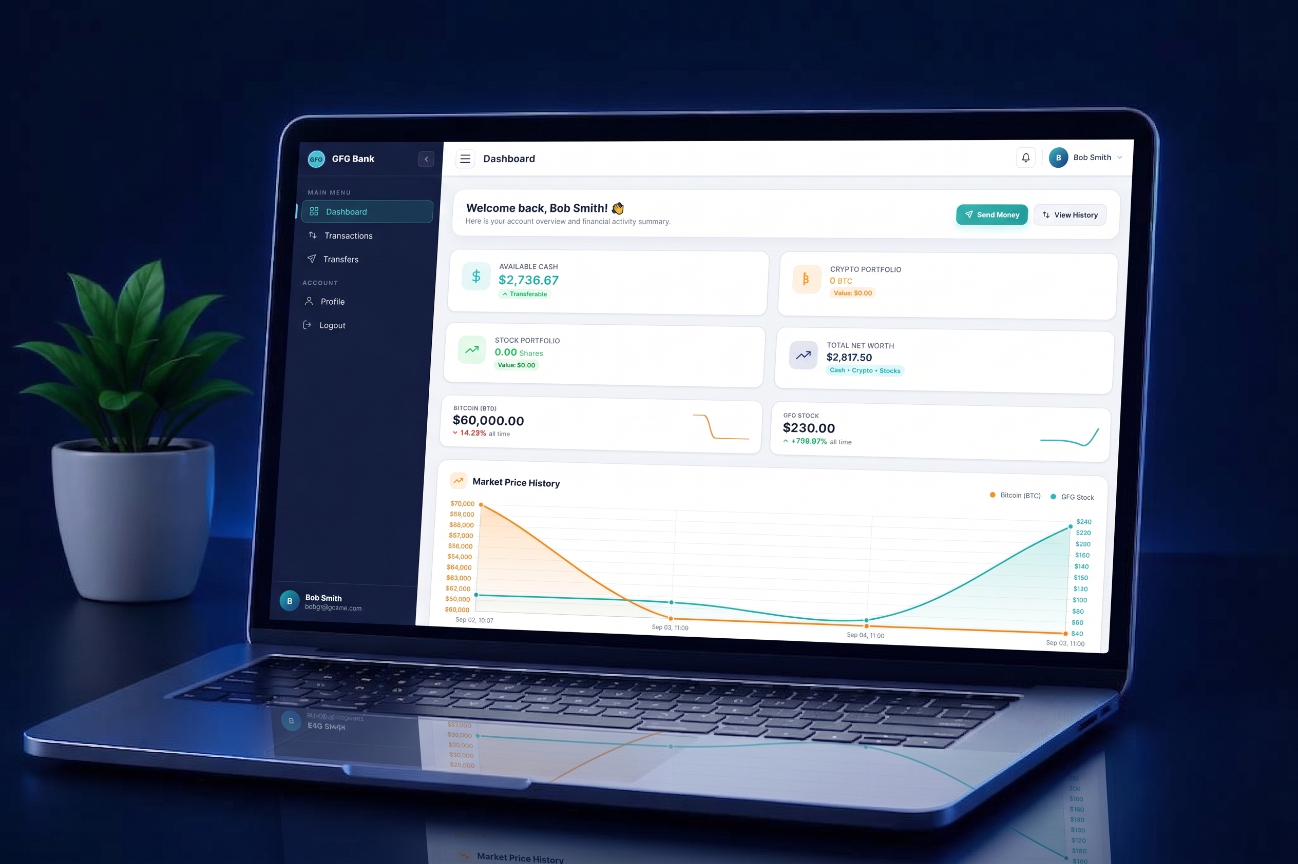 GFG Bank dashboard on a laptop